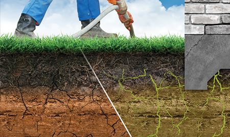 A cross-section view of the soil injection process showing the injected material spreading within the ground.